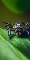 ai gerado foto macro aranha saltar em a folha