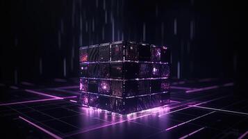 3d Renderização do Preto cubos com roxa néon luzes em Preto background.ai generativo foto