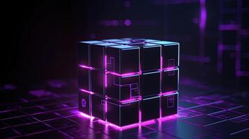 3d Renderização do Preto cubos com roxa néon luzes em Preto background.ai generativo foto