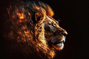 criativo ilustração do uma masculino leão rei fez do fogo com quente chamas, generativo ai foto