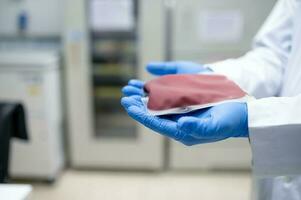 médico mão segurando sangue saco dentro laboratório técnico analisando sangue saco dentro sangue banco foto