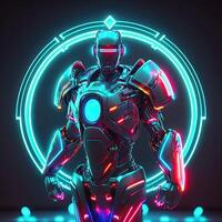 cyborg robô e futurista néon brilhante, círculo forma em fundo. generativo ai. foto