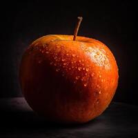 impressionante fotografia do delicioso vermelho maçã com água gotas em Sombrio fundo, generativo ai. foto