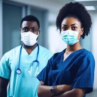 retrato do africano masculino e fêmea médico vestindo máscaras enquanto em pé dentro a hospital corredor, generativo ai. foto