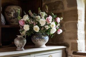 lindo vaso com Primavera flores ramalhete Como casa decoração dentro a campo cabana. generativo ai foto