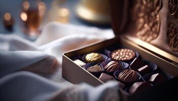 chocolates e chocolate bombons dentro uma presente caixa Como uma luxo feriado presente, generativo ai foto