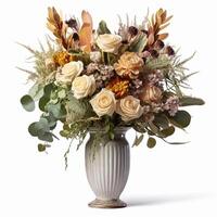 lindo ramalhete do florescendo flores dentro uma vintage vaso isolado em branco fundo, país estilo casa decoração e interior projeto, generativo ai foto
