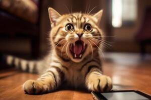 glamouroso fêmea gato é usando Móvel telefone e gritando com alegria e felicidade. generativo ai foto