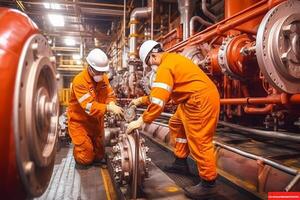 engenheiros verificar trabalhando Estado dentro instalações, industrial zona aço tubos e válvulas, engenheiros manter químico gasoduto equipamento, generativo ai foto