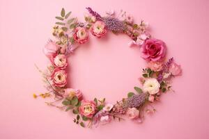 diferente minúsculo flores dentro uma ramalhete em uma Rosa fundo com cópia de espaço. plano disposição com texto espaço. romântico feminino flatlay, generativo ai foto