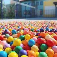 crianças plástico bolas em a Parque infantil, volta balões dentro arco Iris brilhante cores. generativo ai. foto