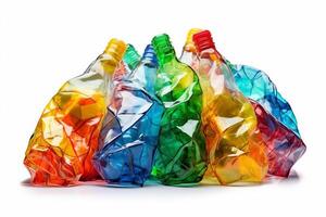 amassado plástico garrafas. reciclado plástico garrafas. plástico garrafa isolado em branco fundo foto