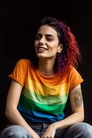 jovem sorridente feliz Diversão Preto vermelho cabelo perfil Visão gay mulher com tatuagem 20s vestindo arco Iris tee camisa posando sentado isolado em avião Preto fundo estúdio retrato, ai gerado foto