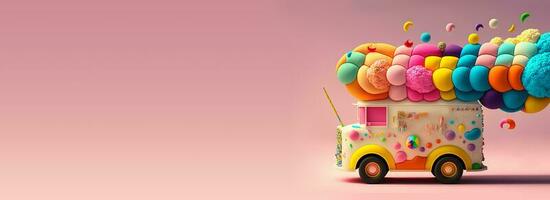 3d renderizar, fantasia colorida Comida caminhão do terra de doces. foto