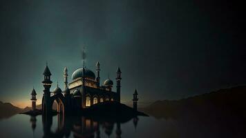 Visão do mesquita dentro estrelado noite, mesquita reflexão dentro a água. islâmico religioso conceito. 3d renderizar. foto