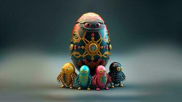 3d render do assustador ovo forma robôs personagens contra ardósia fundo e cópia de espaço. foto