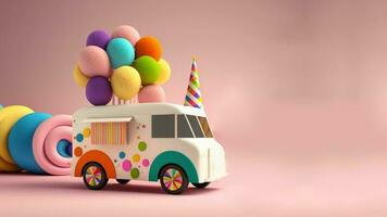 3d renderizar, fantasia colorida Comida caminhão do terra de doces em Rosa fundo. foto