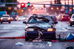 quebrado carro em a cidade estrada, carro acidente generativo ai foto