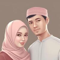 realista retrato do jovem muçulmano ásia casal vestindo tradicional traje, generativo ai. foto