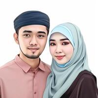 realista retrato do jovem muçulmano ásia casal vestindo tradicional traje, generativo ai. foto