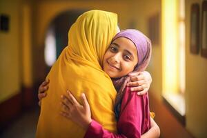 adorável indiano muçulmano criança abraçando dela mãe dentro hijab, eid Mubarak conceito. generativo ai. foto