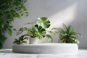 3d render esvaziar espaço branco terrazzo texturizado pódio com monstera folha casa plantar. pódio para produtos atirar. ai generativo ilustração. foto