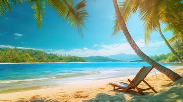 lindo tropical de praia e mar com cadeira em azul céu. ilustração ai generativo foto