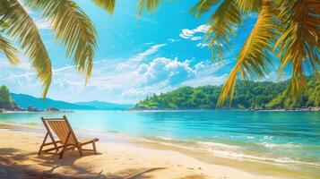 lindo tropical de praia e mar com cadeira em azul céu. ilustração ai generativo foto