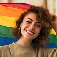 menina com arco Iris bandeira. orgulho mês conceito. ilustração ai generativo foto