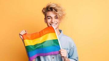 menina com arco Iris bandeira. orgulho mês conceito. ilustração ai generativo foto