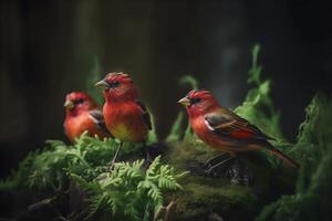 três escarlate tanagers empoleirado em a galhos do verde arbustos, conjunto contra uma Sombrio natural fundo. foto