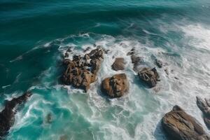 uma deslumbrante aéreo Visão do uma sereno de praia com Claro turquesa águas, pedras e corais.made com generativo ai. foto