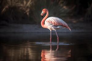 flamingo pássaro caminhando em uma rio e olhando para a lado. foto