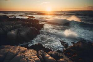 uma sereno Visão do a costeiro cena com espirrando ondas e rocks.made com generativo ai. foto