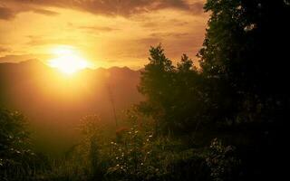 pôr do sol dentro bosque com montanha e pôr do sol dentro a fundo foto