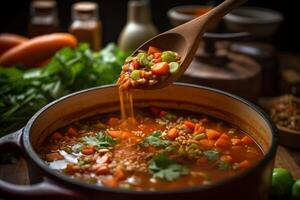 vegetal sopa dentro uma tigela e de madeira colher generativo ai foto