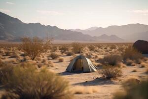 acampamento dentro uma seca dentro a deserto generativo ai foto