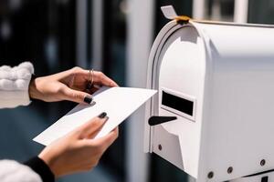 mulher segurando uma carta ocupado a partir de a caixa de correio, postar caixa generativo ai foto