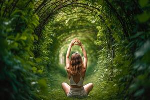 menina meditando dentro uma verde túnel harmonia com natureza generativo ai foto