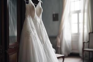 Casamento branco vestir em uma cabide para a noiva generativo ai foto