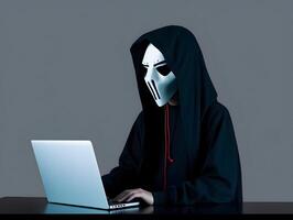 anônimo hacker com computador portátil. conceito do hacking cíber segurança, cibercrime, ataque cibernético, etc. ai gerado imagem foto