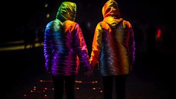 casal com arco Iris colori capa de chuva. ai gerado foto