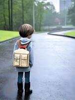 criança com capa de chuva e mochila. conceito do costas para escola. ai gerado foto