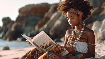 jovem africano menina lê livro em a de praia. ilustração ai generativo foto