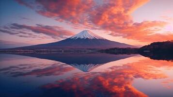 panorama do montanha Fuji ou Fujisan com reflexão em shoji lago ilustração ai generativo foto