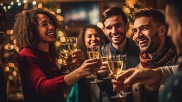 feliz pessoas com champanhe em Natal Festa. ilustração ai generativo foto
