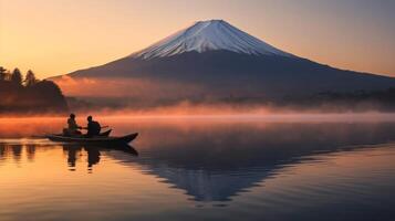 panorama do montanha Fuji ou Fujisan com reflexão em shoji lago ilustração ai generativo foto