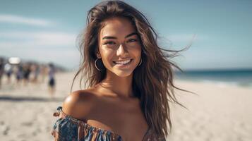 jovem mulher desfrutando dela verão período de férias em uma ensolarado dia em a de praia. ilustração ai generativo foto