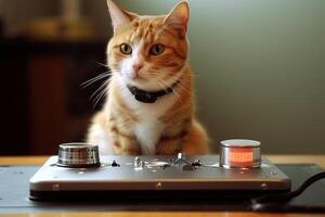 gato cientista inventa uma dispositivo este permite gatos para comunicar com humanos, conduzindo para uma mundo Onde gatos negociar tratar porções, ilustração generativo ai foto
