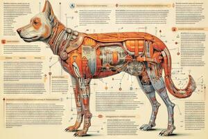 cachorro cyborg animal detalhado infográfico, cheio detalhes anatomia poster diagrama ilustração generativo ai foto
